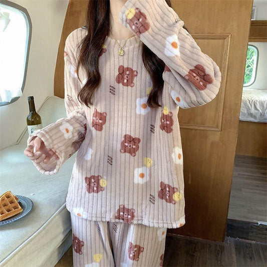 Women's Pajamas Autumn Winter Warm Pyjamas Sets Thick Coral Long Sleeve Cute Cartoon Bear Sleepwear Home Nightclothes - AL MONI EXPRESS