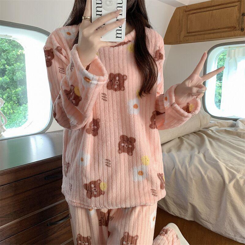 Women's Pajamas Autumn Winter Warm Pyjamas Sets Thick Coral Long Sleeve Cute Cartoon Bear Sleepwear Home Nightclothes - AL MONI EXPRESS