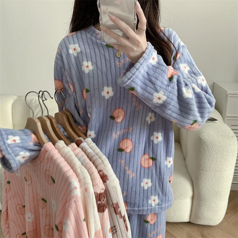 Women's Pajamas Autumn Winter Warm Pyjamas Sets Thick Coral Long Sleeve Cute Cartoon Bear Sleepwear Home Nightclothes - AL MONI EXPRESS