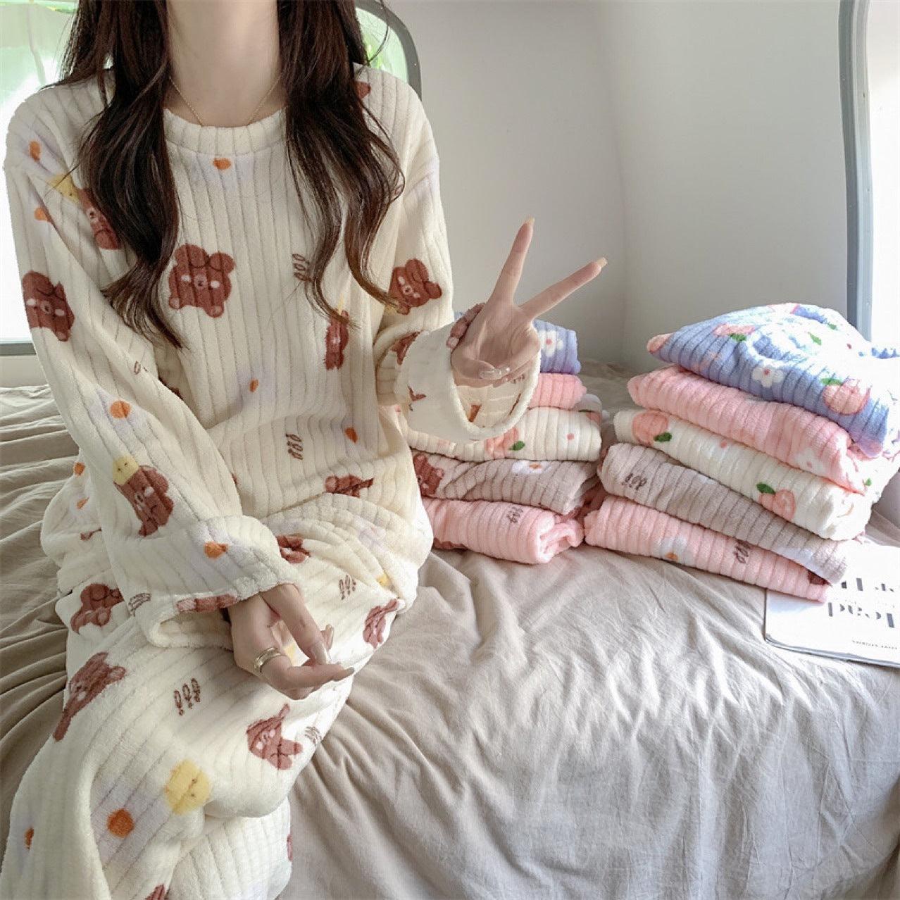 Women's Pajamas Autumn Winter Warm Pyjamas Sets Thick Coral Long Sleeve Cute Cartoon Bear Sleepwear Home Nightclothes - AL MONI EXPRESS