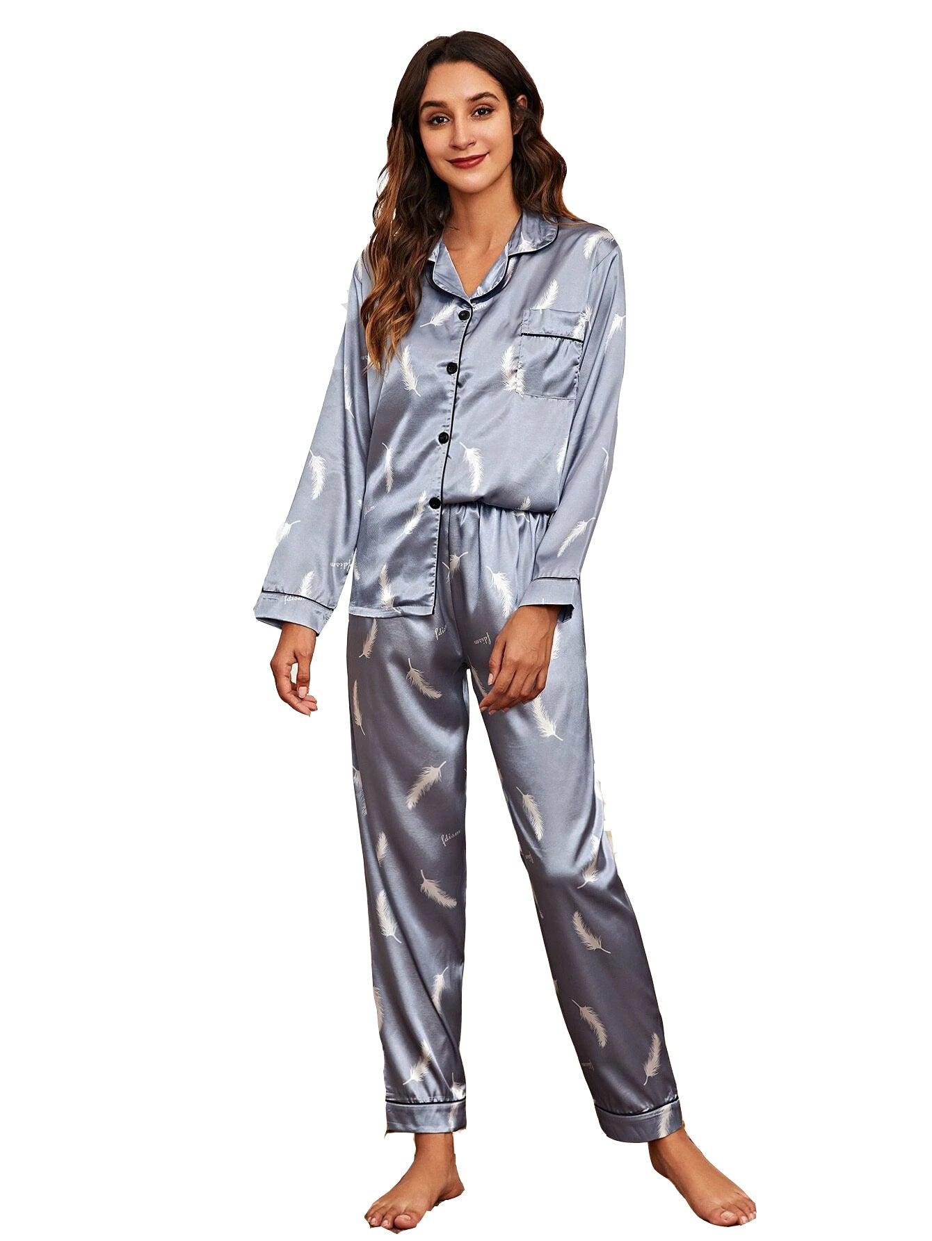 Women's Print Pajama Set Long Sleeve Tops And Pants Loungewear Sleepwear - AL MONI EXPRESS