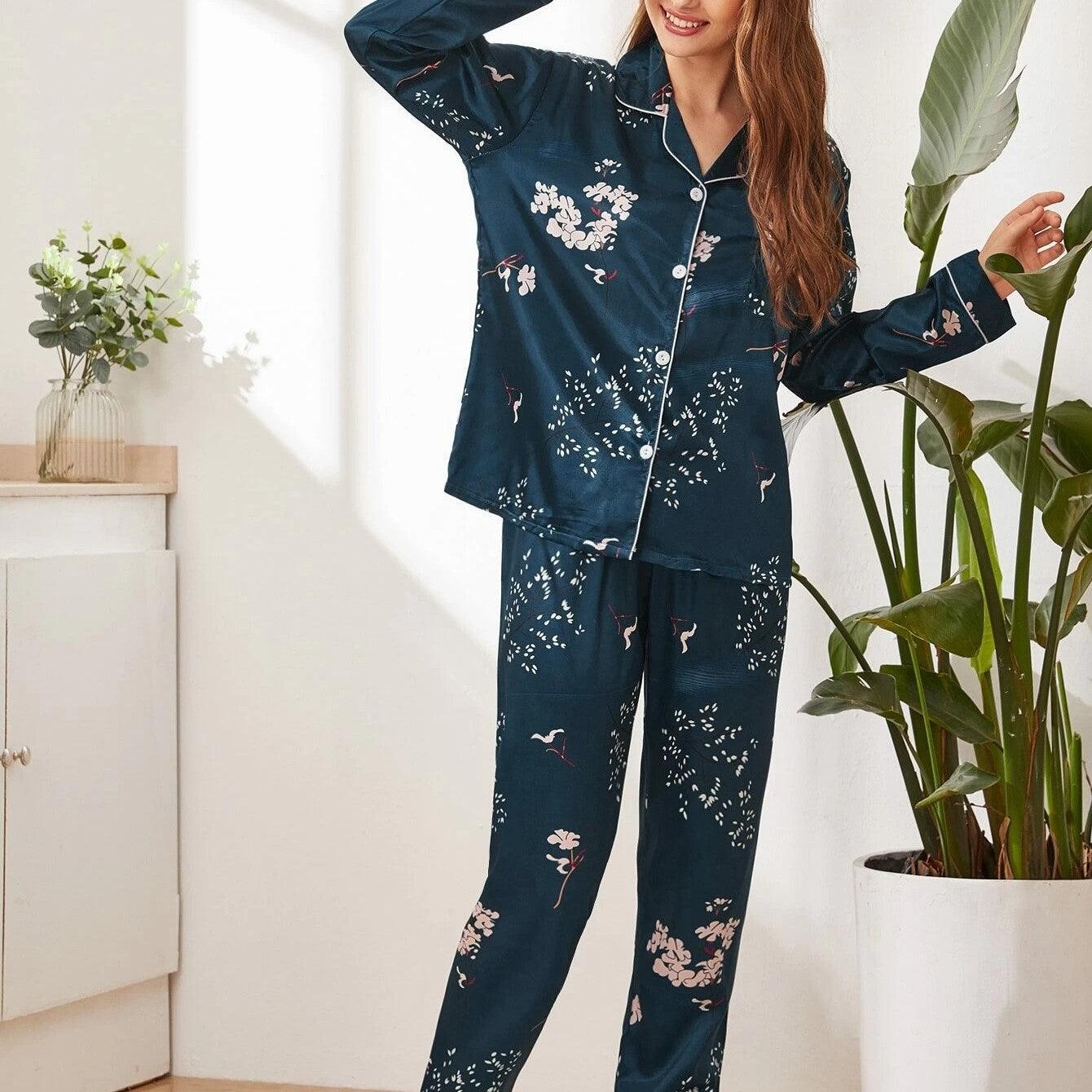 Women's Print Pajama Set Long Sleeve Tops And Pants Loungewear Sleepwear - AL MONI EXPRESS