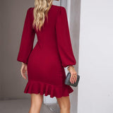 Women's Puff Long Sleeve Fashion Graceful Solid Color Slim Hip-covering Short Dress Womens Clothing - AL MONI EXPRESS