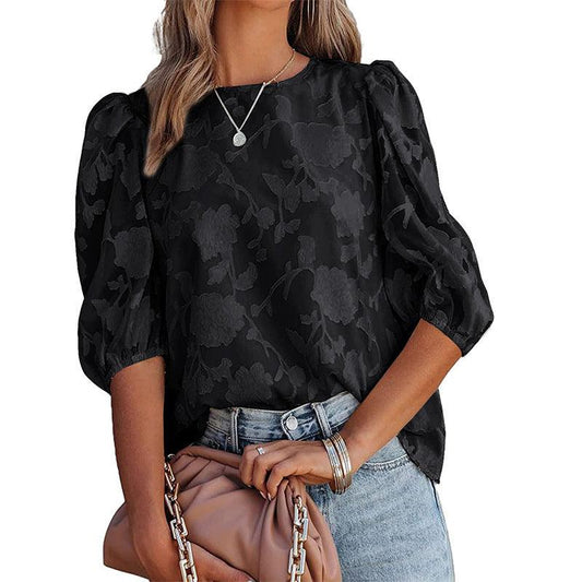 Women's Puff Sleeve Chiffon Loose Top Flower Texture Shirt - AL MONI EXPRESS