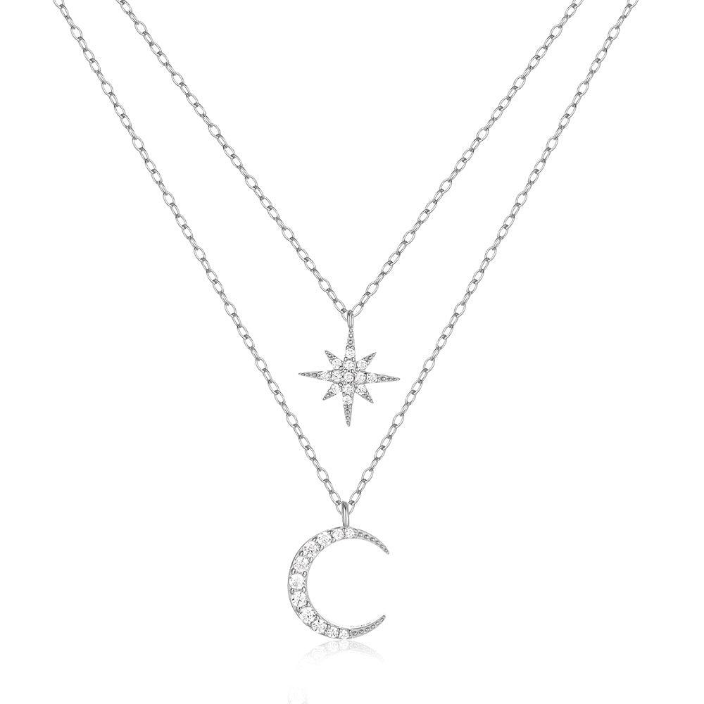 Women's S925 Sterling Silver Double Layer Twin Diamond Star And Moon Necklace - AL MONI EXPRESS