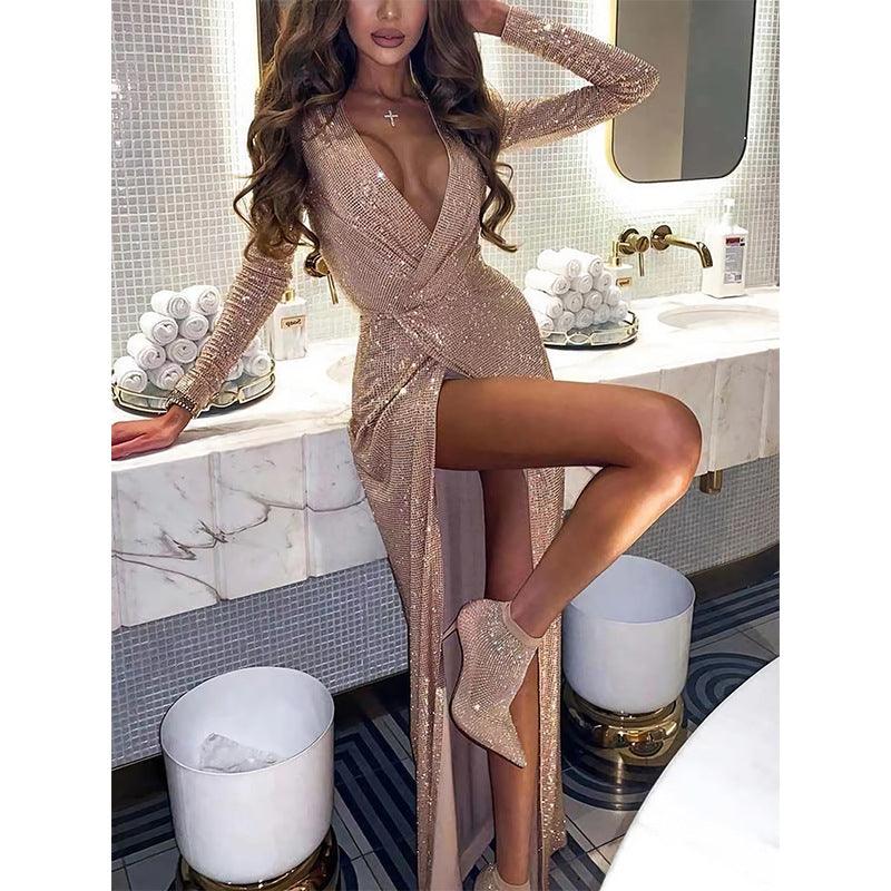 Women's Sexy Slim Evening Dress Long Sleeve Dress - Almoni Express