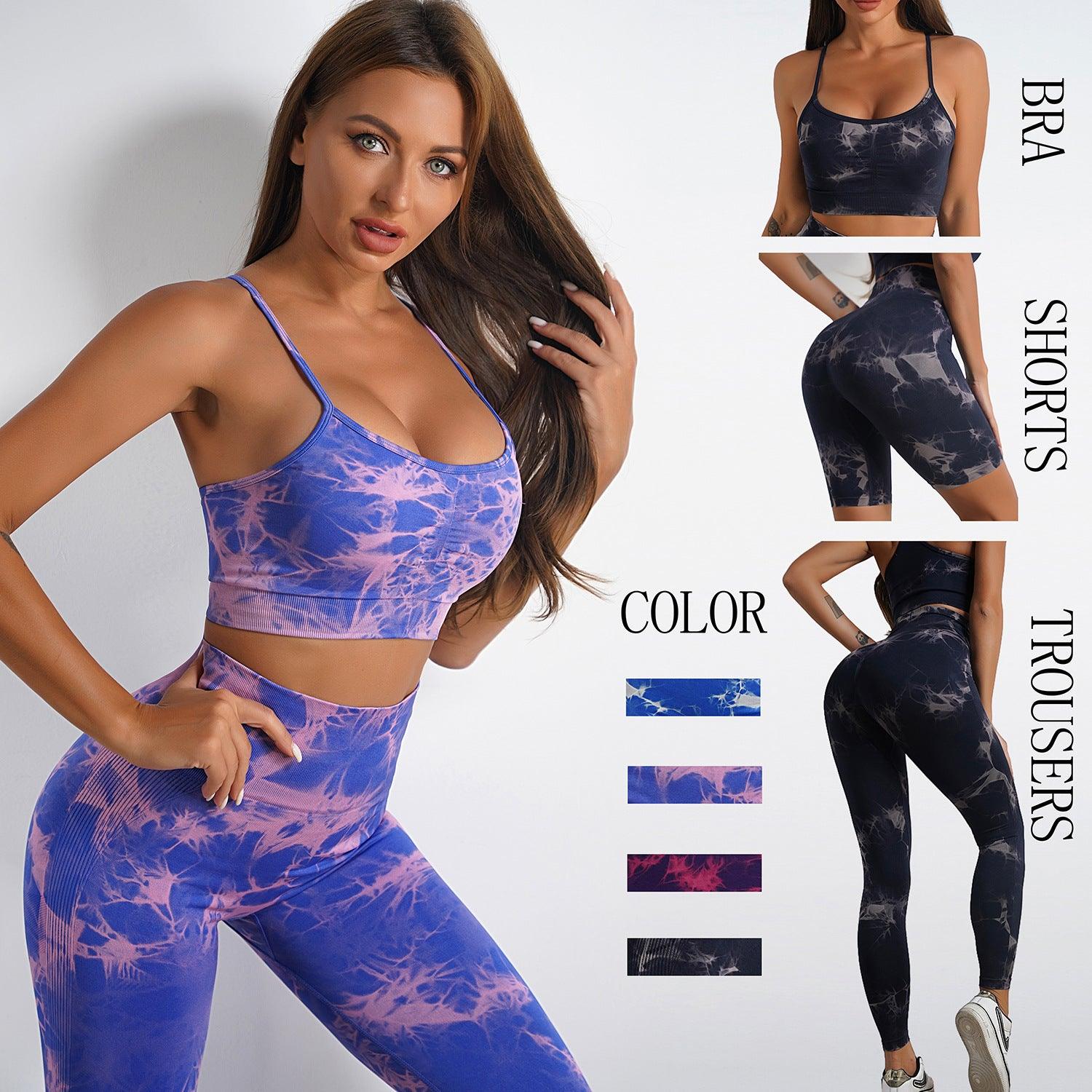 Women's Tie-dye Print Yoga Suit Women Fitness Sports High Waist Trousers Or Shorts Set - AL MONI EXPRESS