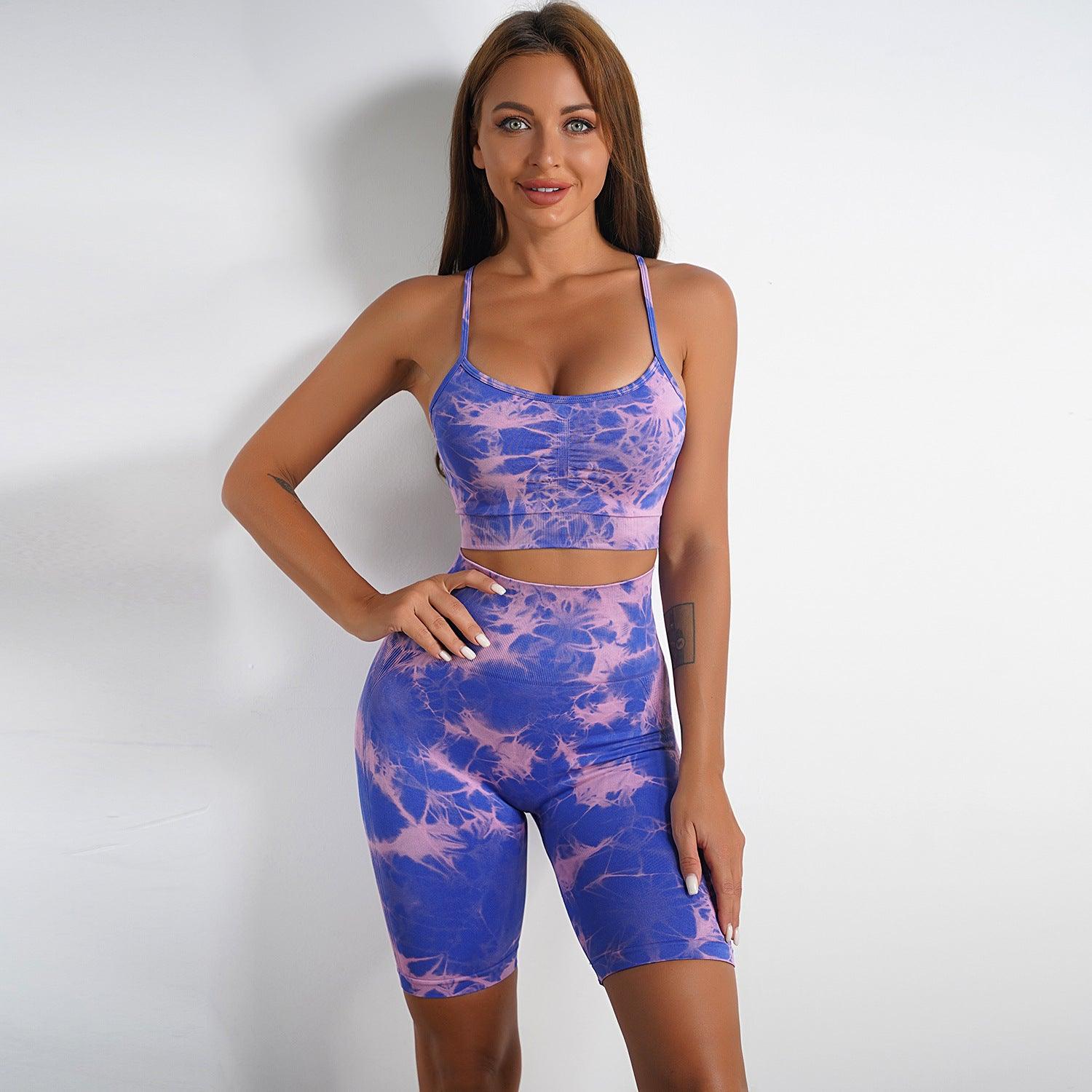 Women's Tie-dye Print Yoga Suit Women Fitness Sports High Waist Trousers Or Shorts Set - AL MONI EXPRESS