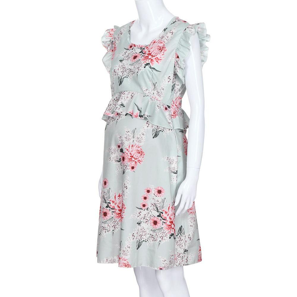 Women Sleeveless Maternity Dress Casual Flower Print - Almoni Express