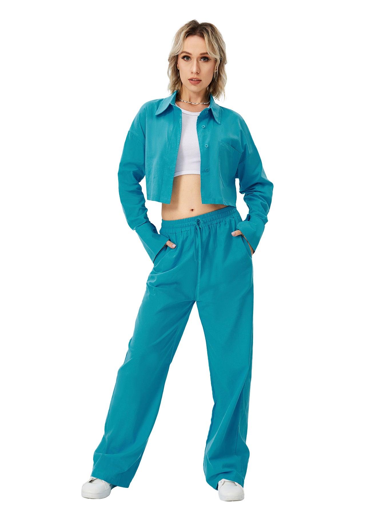 Women Two Piece Outfits For Women Long Sleeve Button Down Wide Leg Loungewear Pajama Set - AL MONI EXPRESS