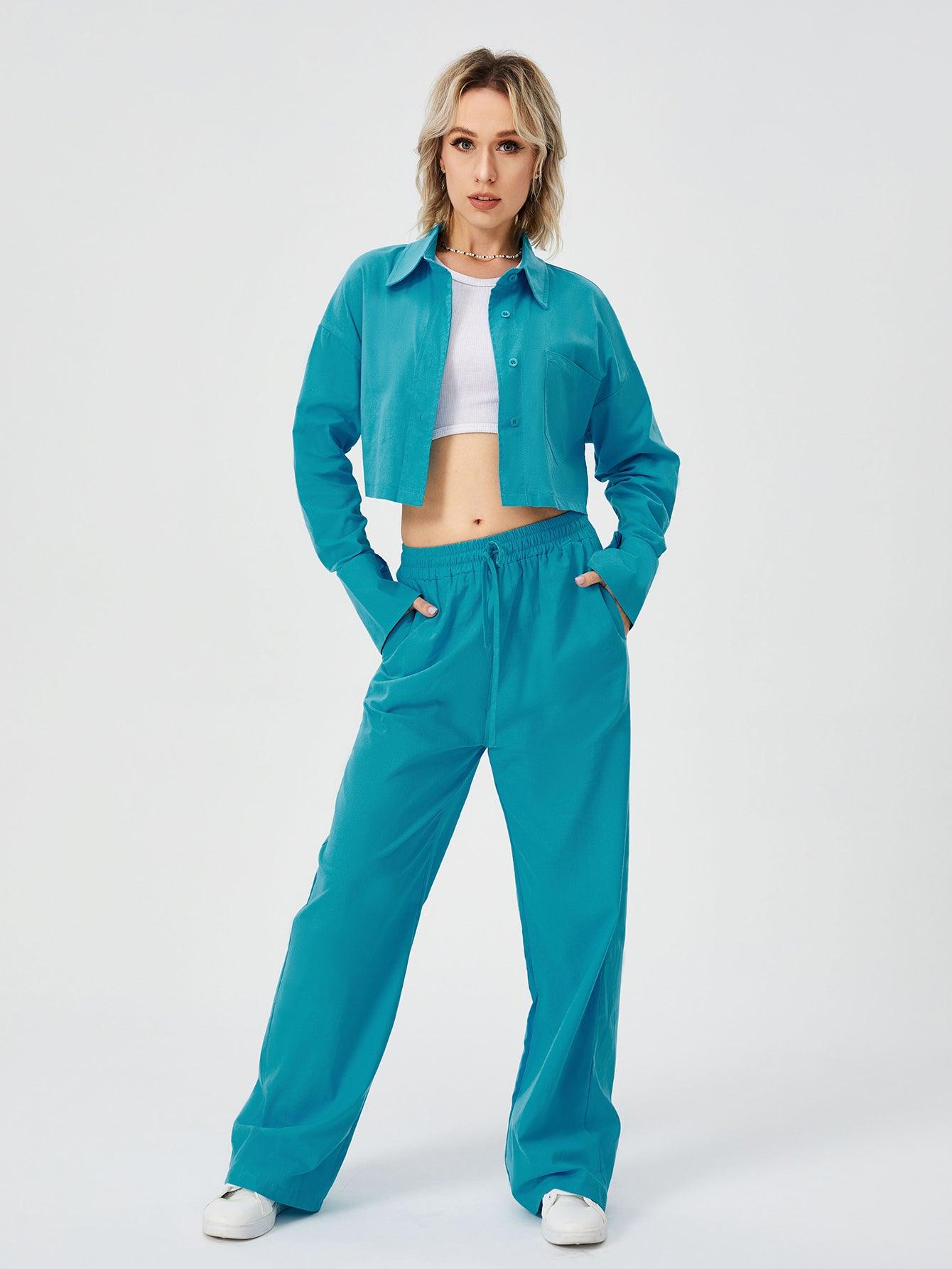 Women Two Piece Outfits For Women Long Sleeve Button Down Wide Leg Loungewear Pajama Set - AL MONI EXPRESS