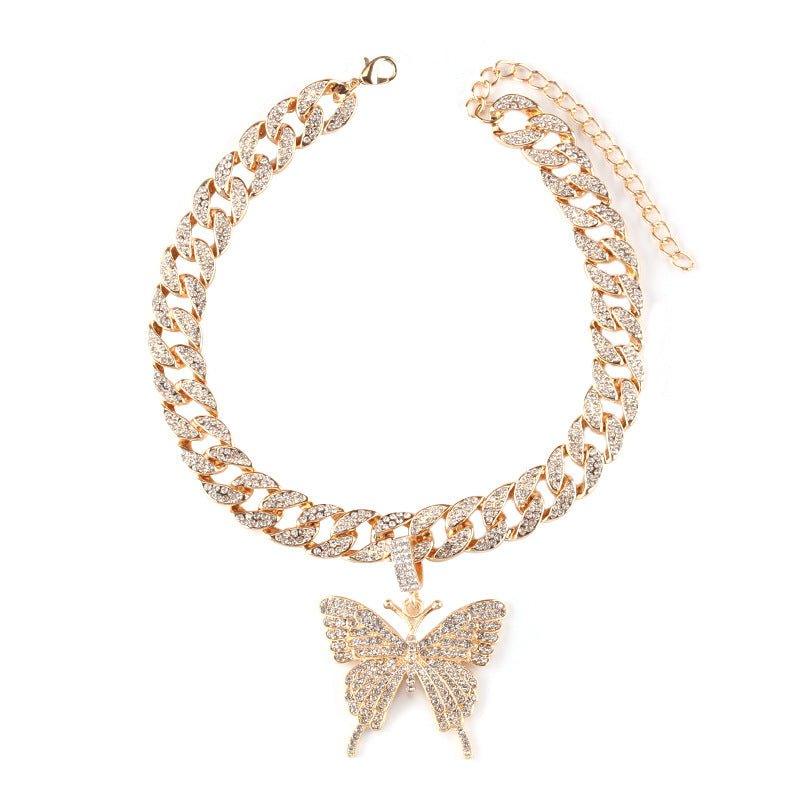 Hip Hop Trend Ins Style Diamond Butterfly Cuban Pull Daikin Clavicle Chain Unisex - AL MONI EXPRESS