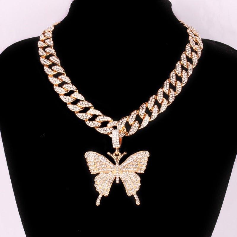 Hip Hop Trend Ins Style Diamond Butterfly Cuban Pull Daikin Clavicle Chain Unisex - AL MONI EXPRESS