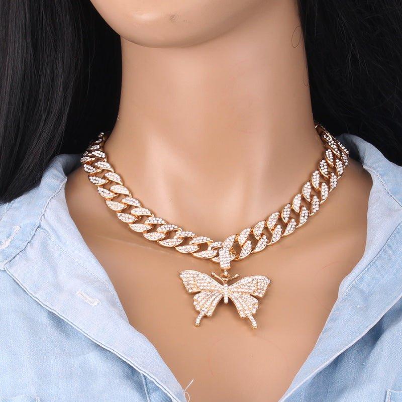 Hip Hop Trend Ins Style Diamond Butterfly Cuban Pull Daikin Clavicle Chain Unisex - AL MONI EXPRESS