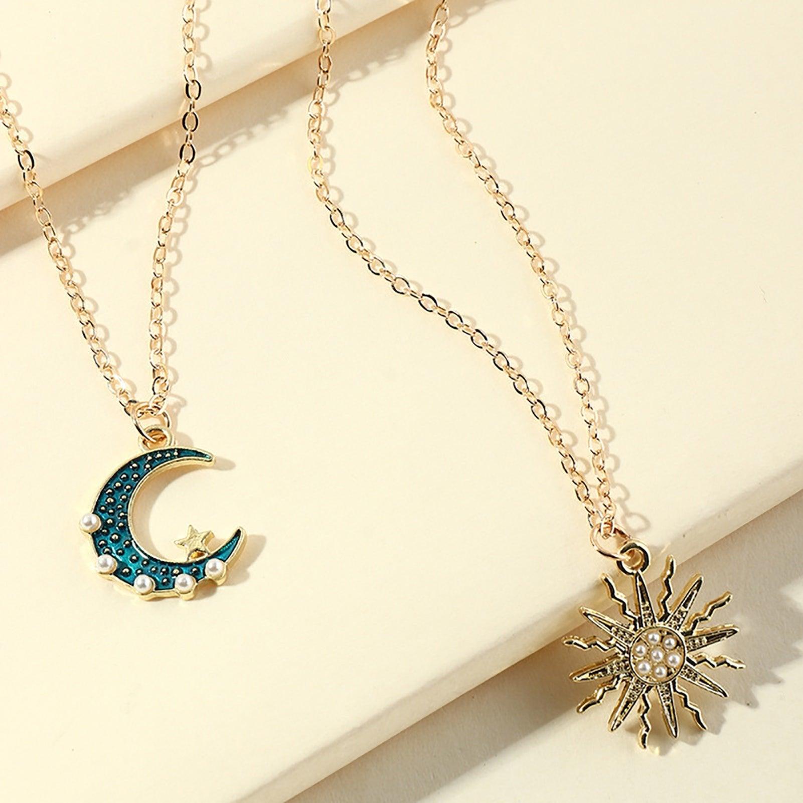 Sun Moon Necklace Blue Gold Stainless Steel Pendant Necklaces Jewelry - AL MONI EXPRESS