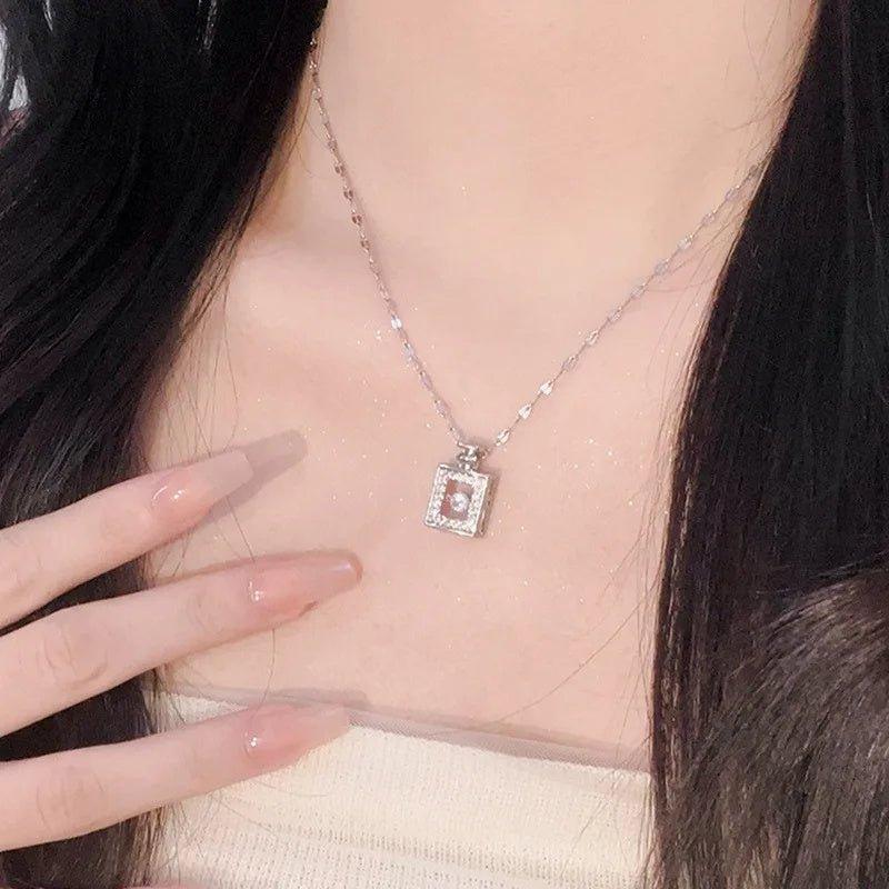 Valentines Day Gift Perfume Bottle Pendant Titanium Steel Necklace Korean Trend Zircon Luxury Female Necklace Charm Jewelry Gift Fashion Jewelry Woman - AL MONI EXPRESS