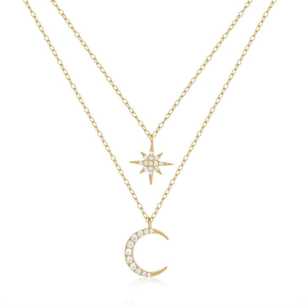 Women's S925 Sterling Silver Double Layer Twin Diamond Star And Moon Necklace - AL MONI EXPRESS