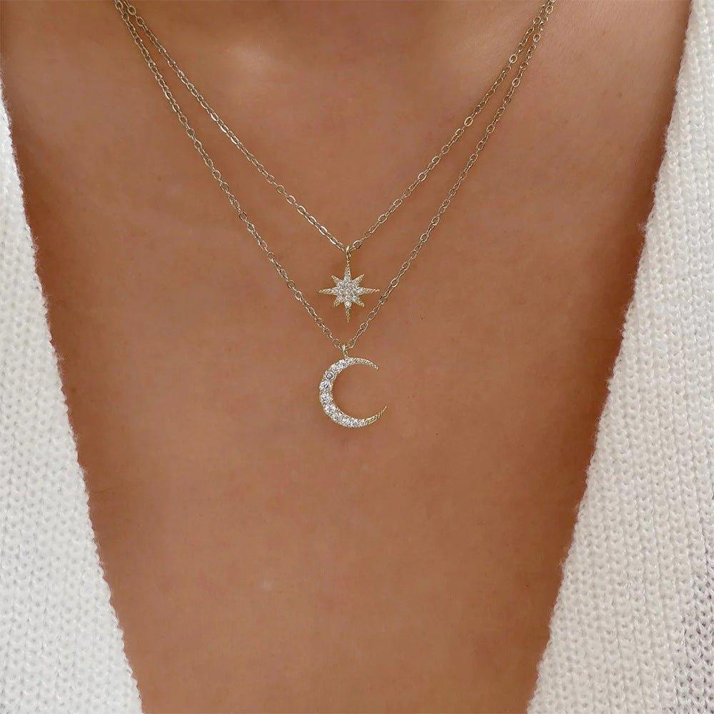 Women's S925 Sterling Silver Double Layer Twin Diamond Star And Moon Necklace - AL MONI EXPRESS